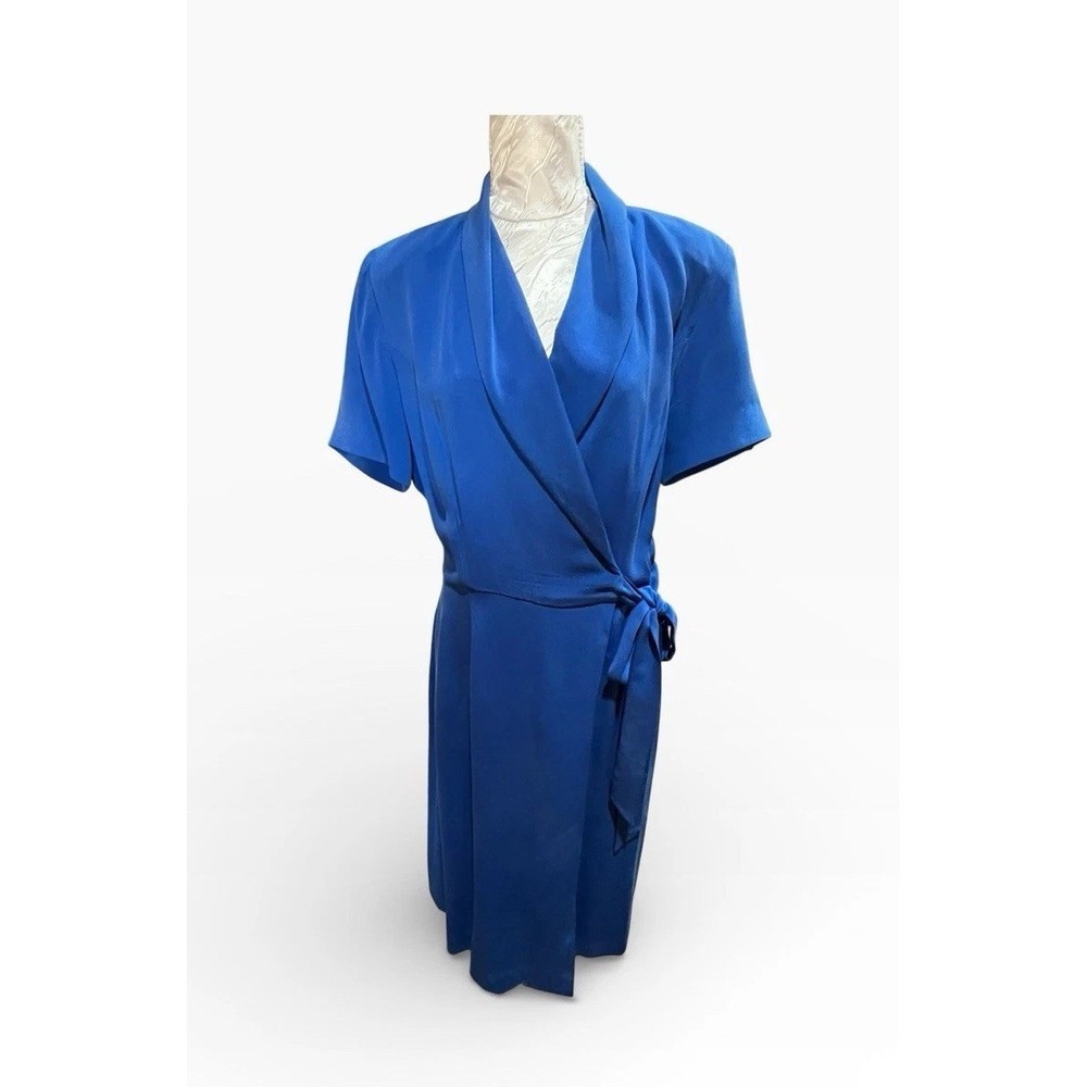 Vintage Sz 10 Midi Blue Silk Wrap Dress Shoulder Pads Career Short Slv Wedding